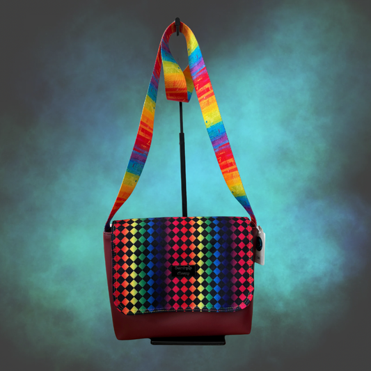 Rainbow Harlequin print messenger bag